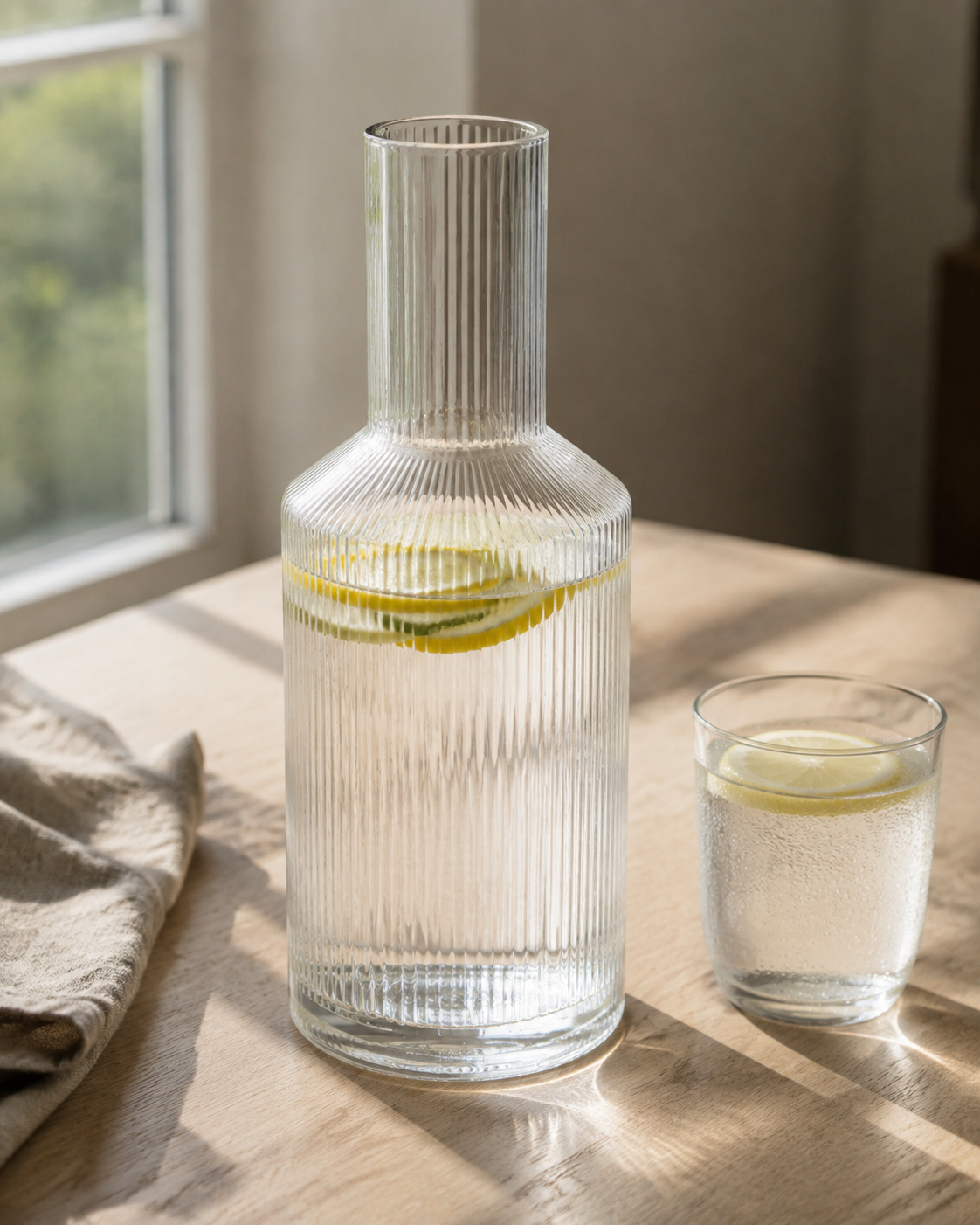 Detail of the shoulder junction between the fluted body and smooth neck on the Fluted Carafe