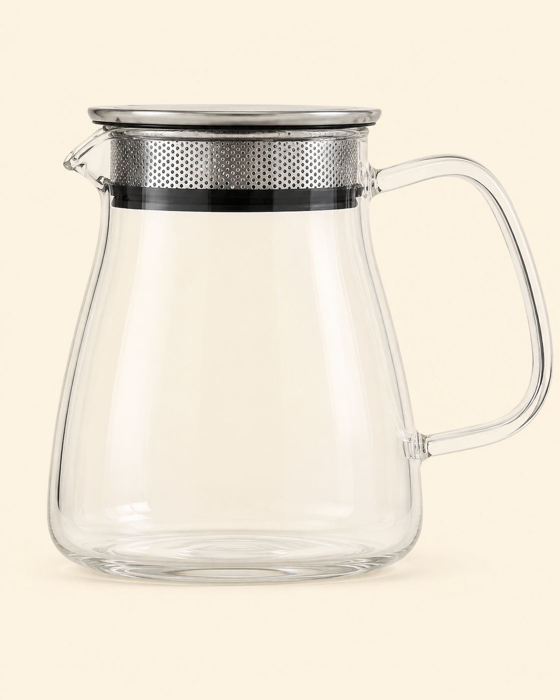 Ember Bloom clear glass teapot with stainless steel filter lid and curved glass handle