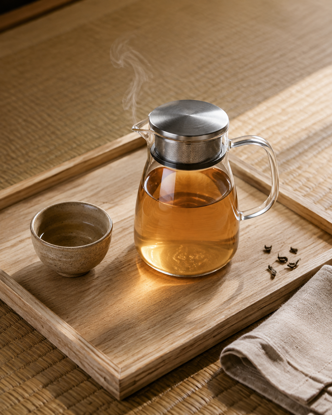 Close-up of the stainless steel mesh filter and lid on the Ember Bloom glass teapot