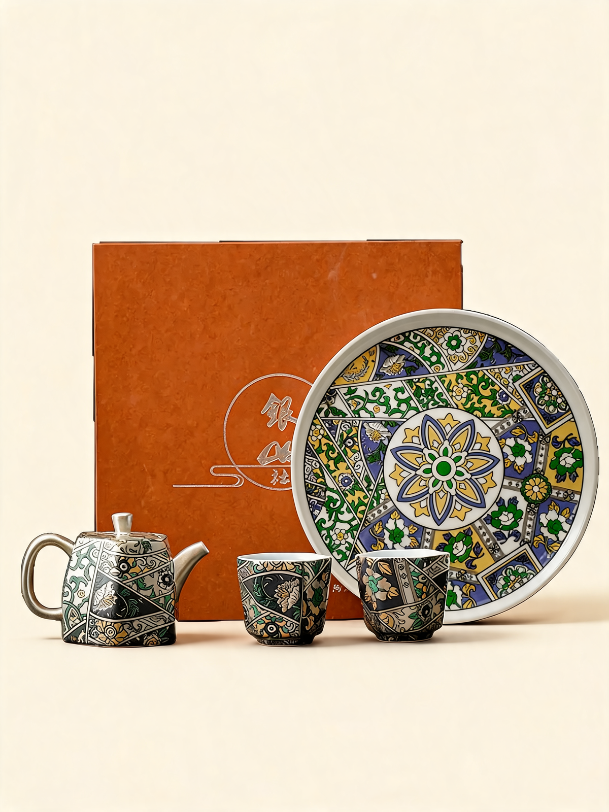 Baihua faceted porcelain teapot with floral and geometric decoration