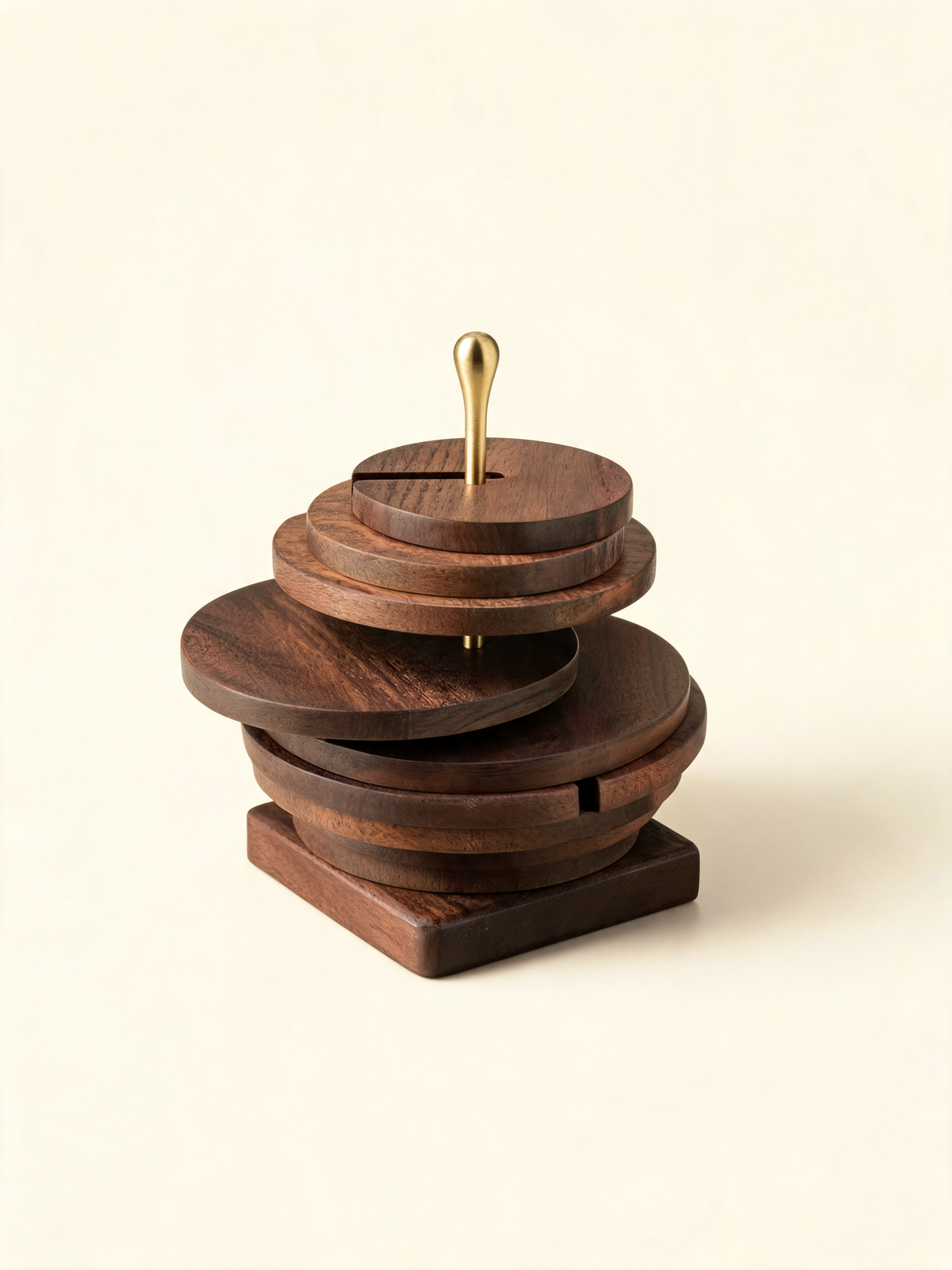 Black Walnut Spiral Coaster Set matte brass rod and drop shaped handle