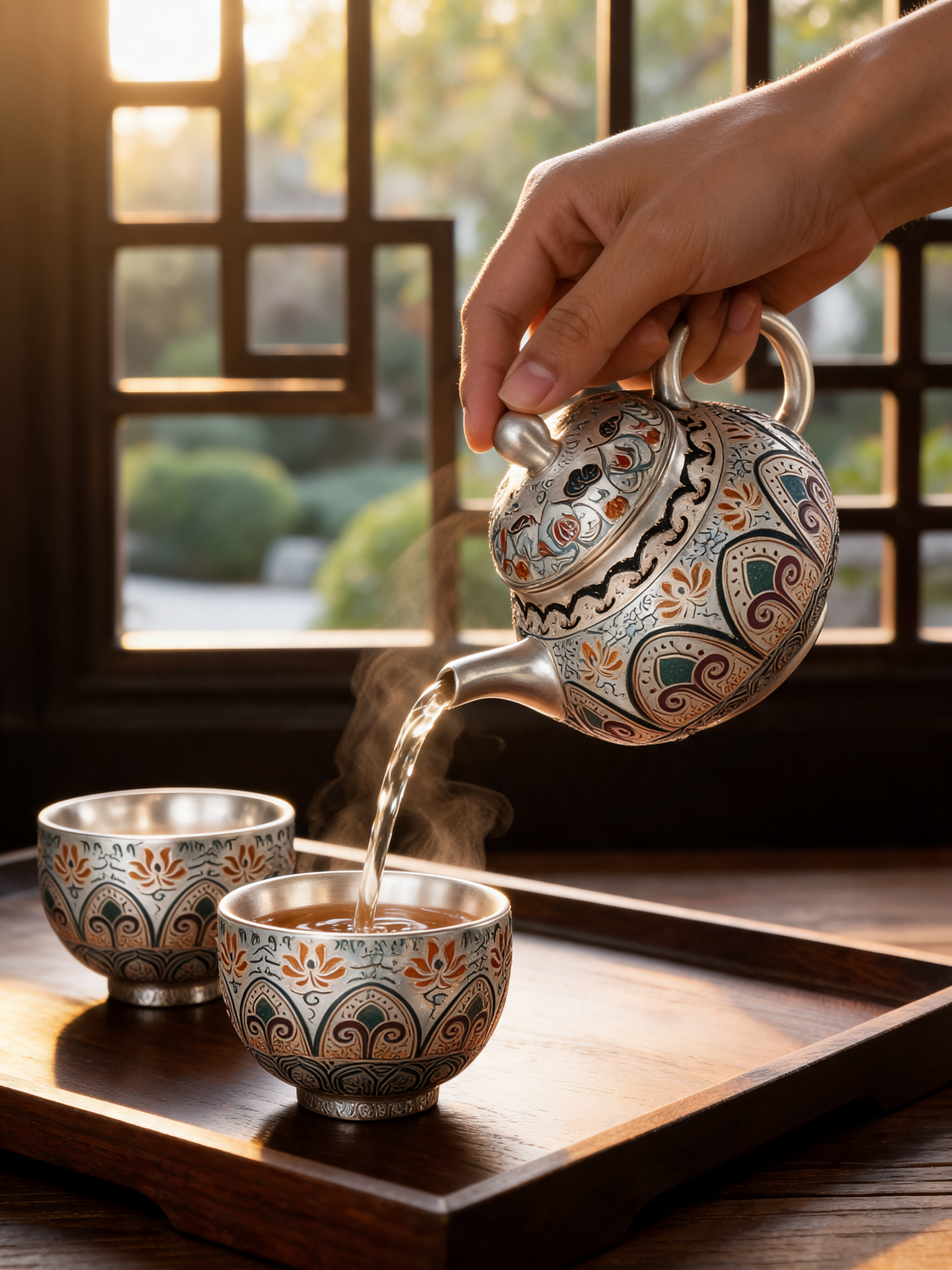 Fengming tea cups with cloisonne lotus design