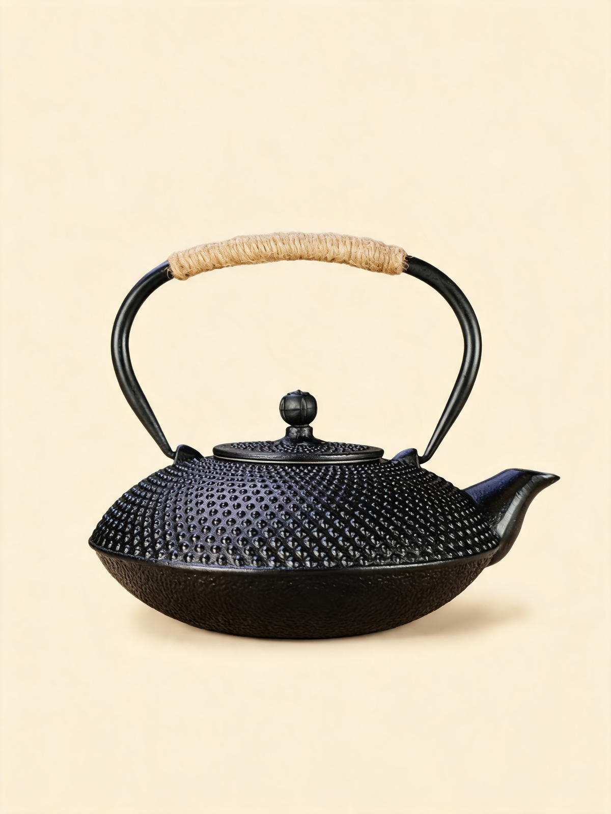 Hira flat Japanese cast iron teapot with broad low silhouette