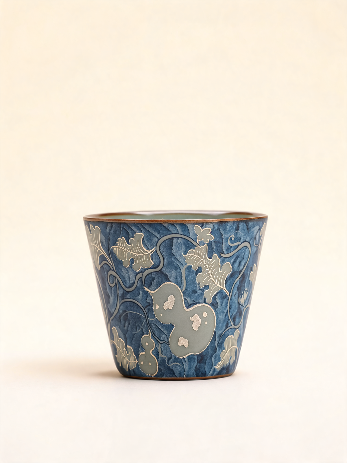 Indigo Gourd Cup blue and white ceramic tea cup with cracked glaze