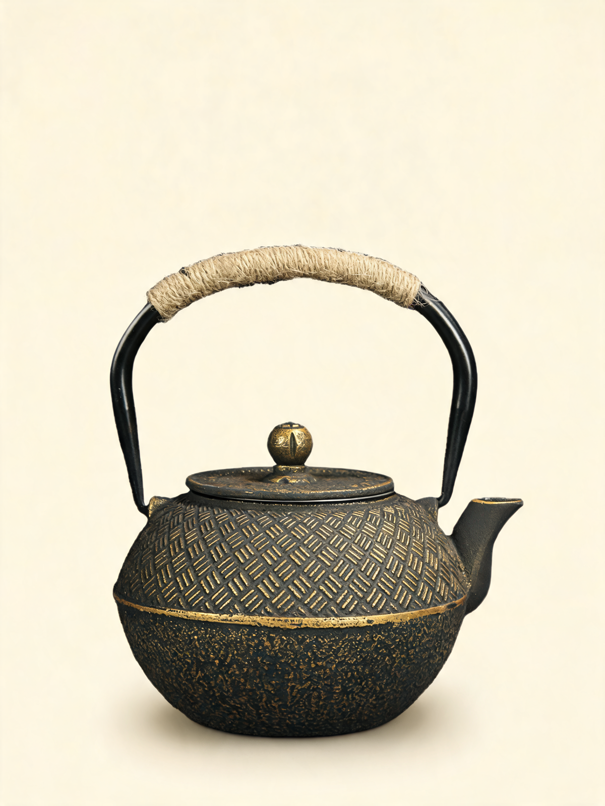 Kagome Japanese cast iron teapot with golden Kagome pattern