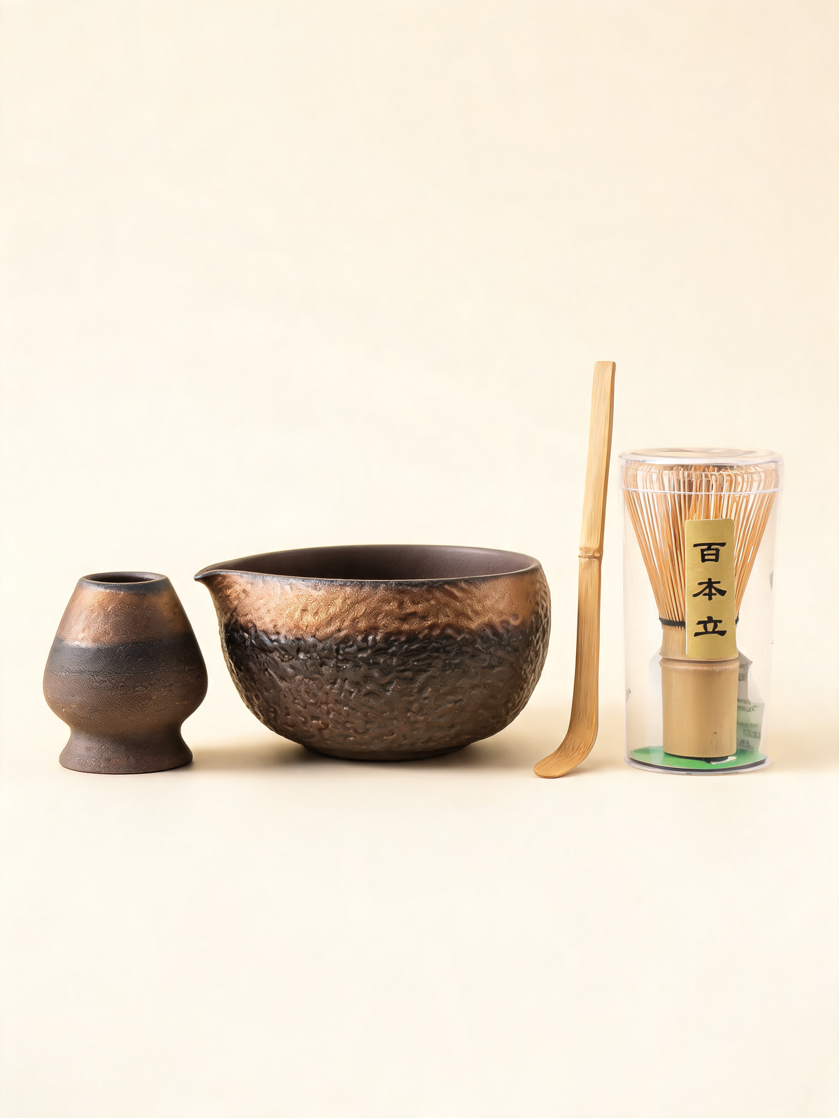 Kintsu Matcha Set four piece matcha set in iron black and gold glaze