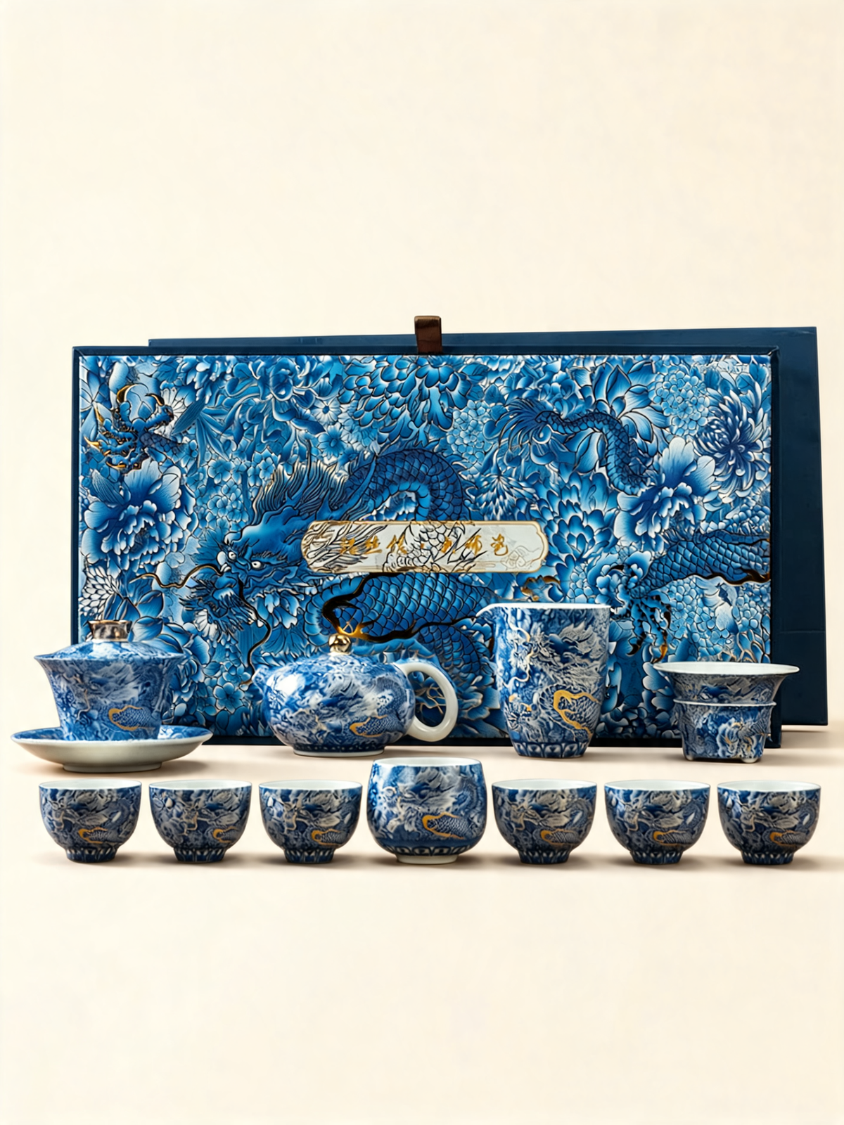 Longfeng porcelain teapot with gold dragon and peony decoration