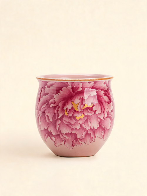 Peony Bloom Cup Ru inspired porcelain tea cup with pink peony motif