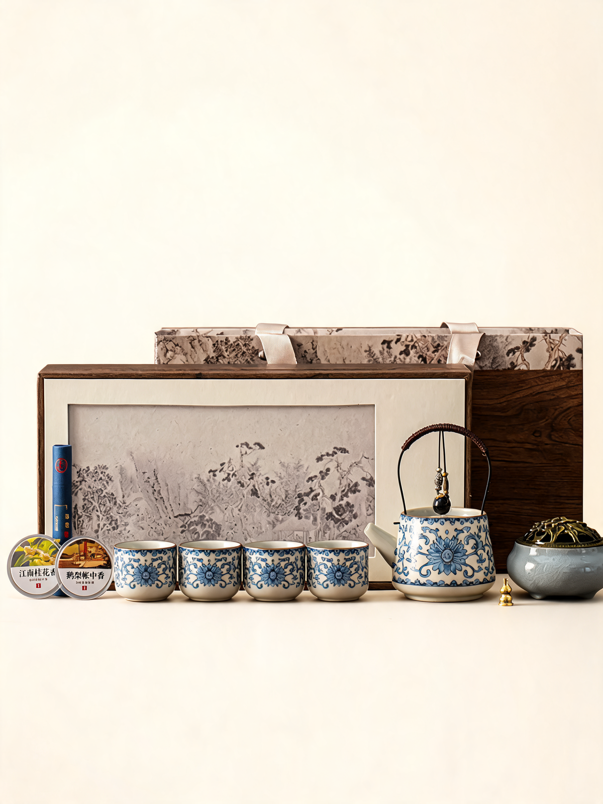 Qianli Scholar's Ritual Set with blue and white porcelain teapot