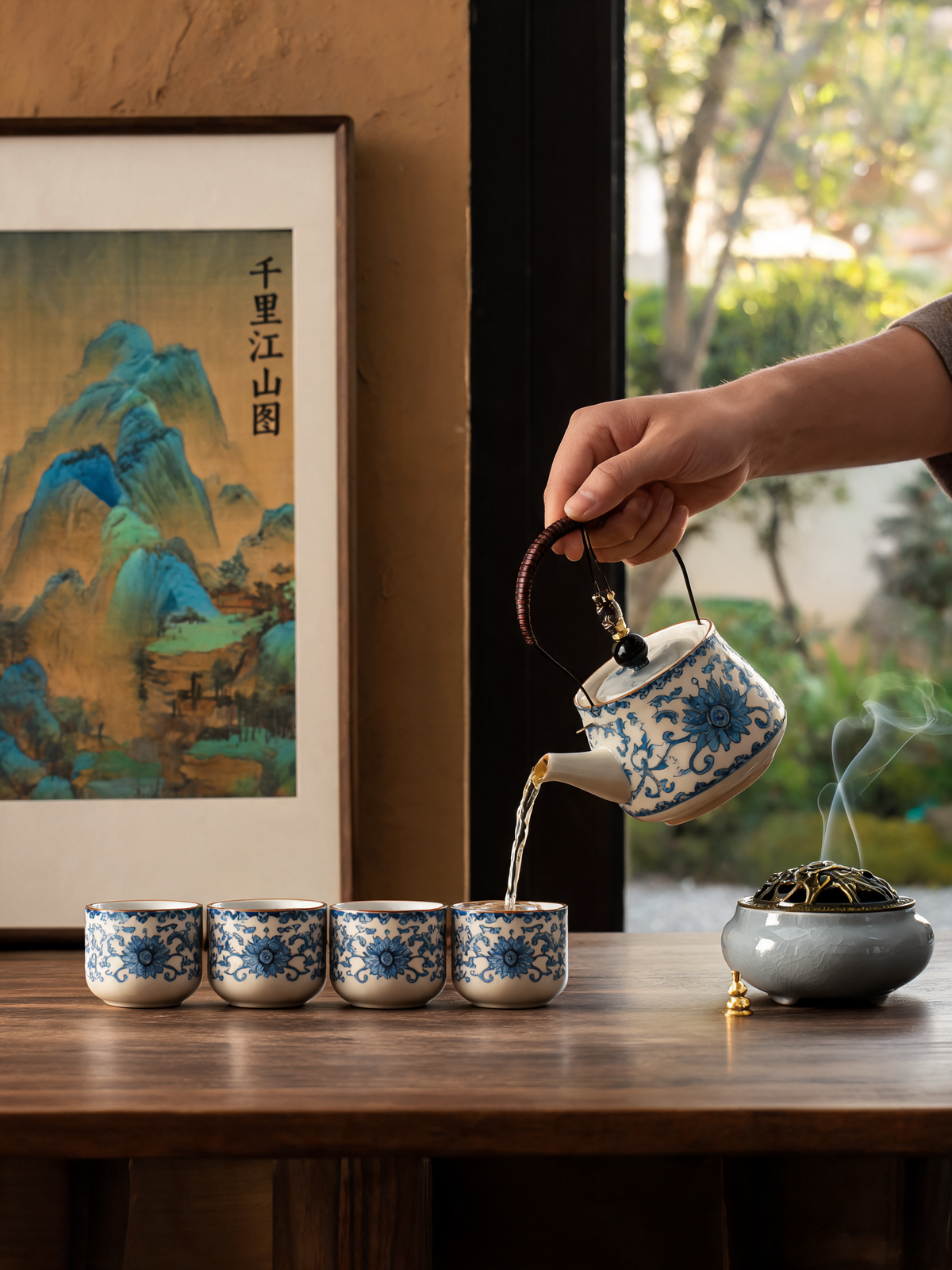 Qianli teapot with braided suspended handle