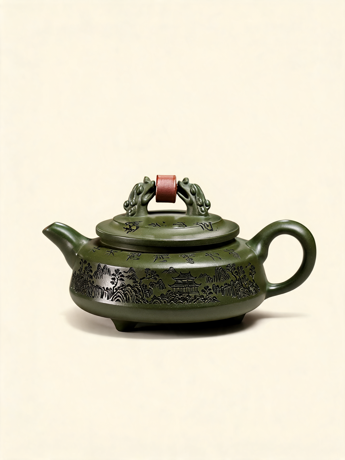 Shuang Long Teapot with twin sculpted dragons and rotating red pearl
