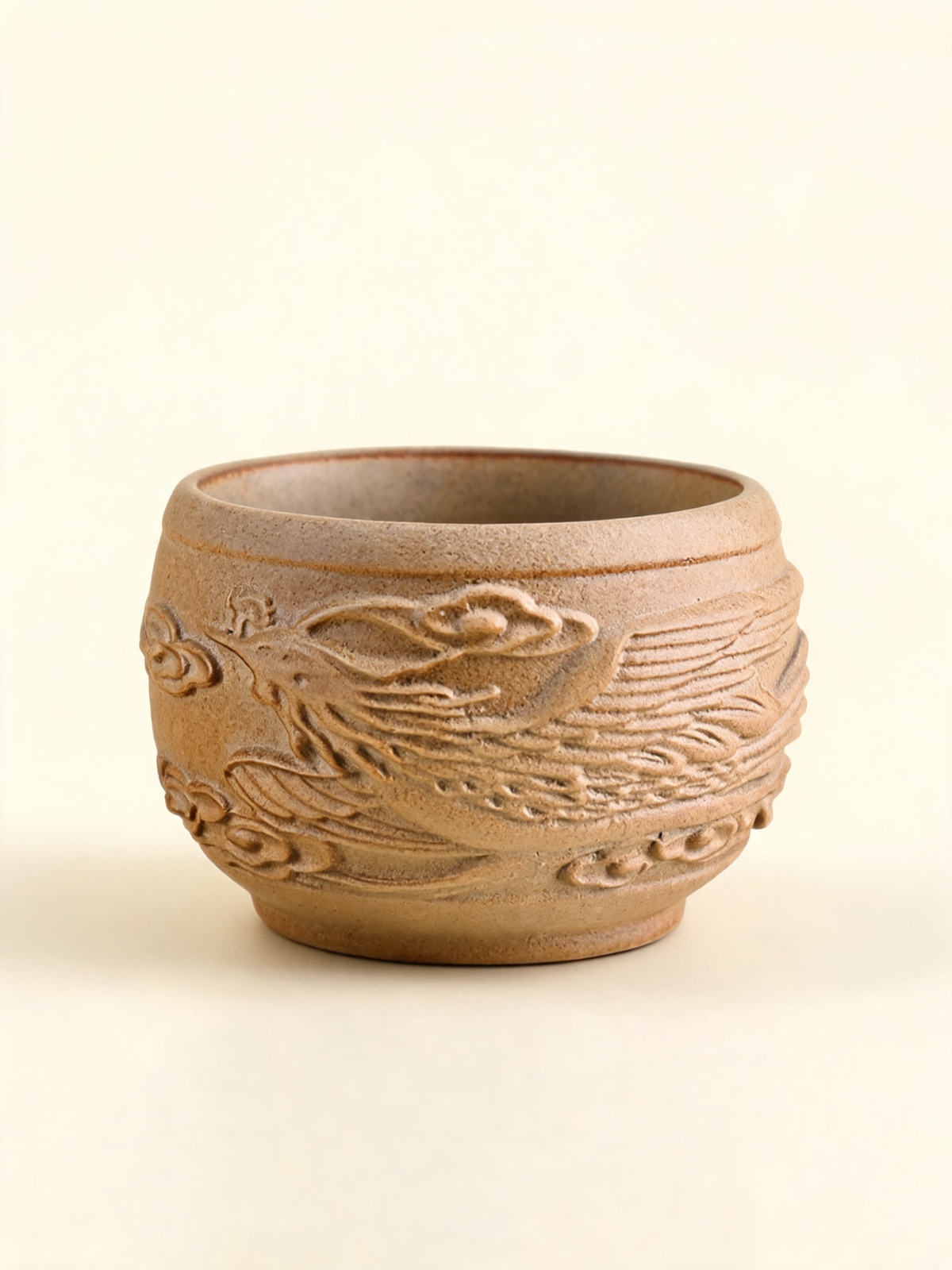 Wood-Fired Phoenix Relief Cup ceramic tea cup with sculpted phoenix
