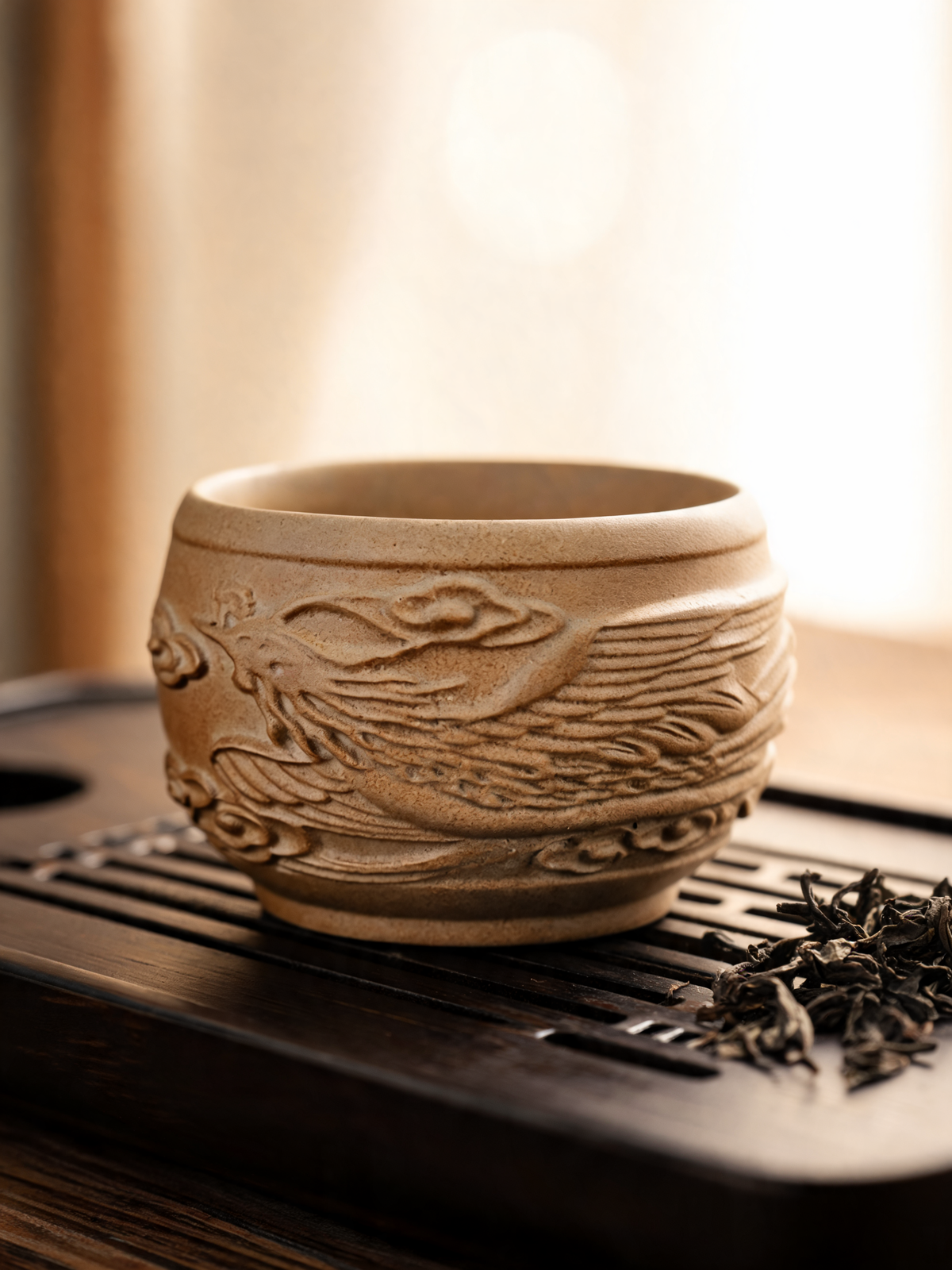 Wood-Fired Phoenix Relief Cup wood fired glaze surface