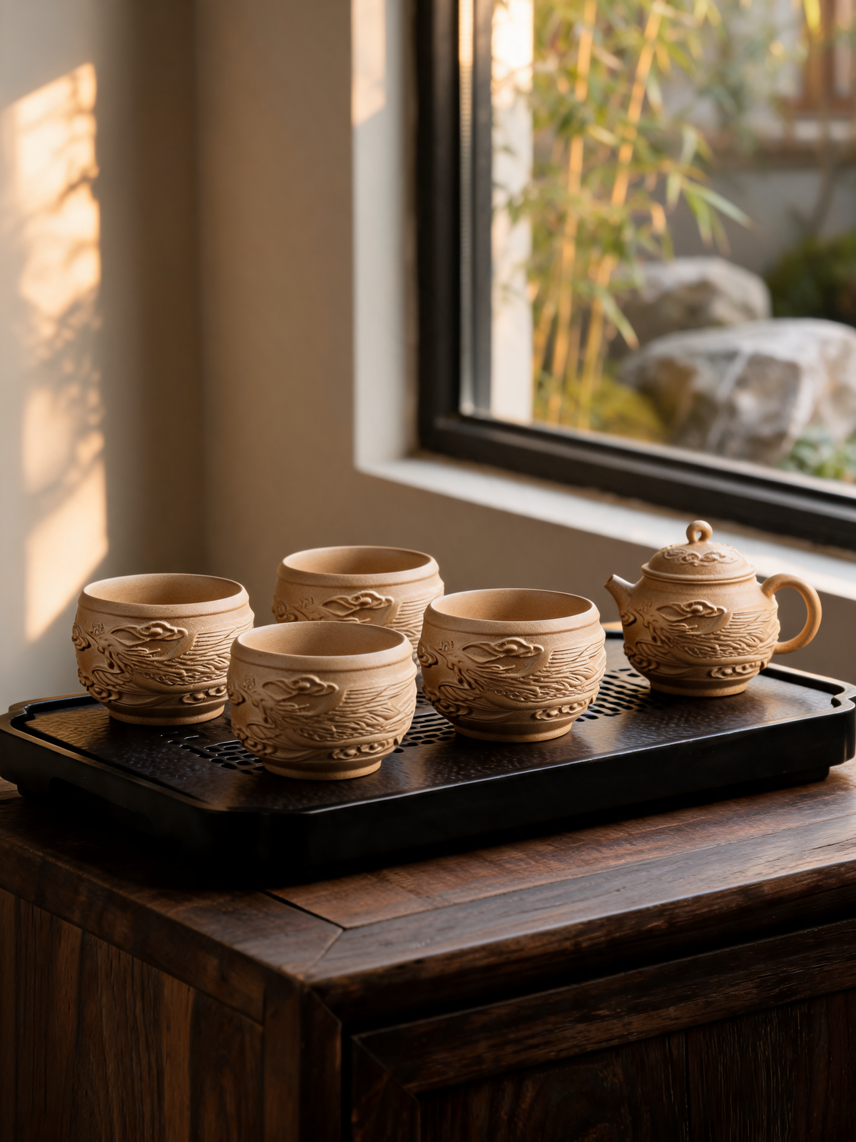 Wood-Fired Phoenix Relief Cup tactile ceramic tea vessel