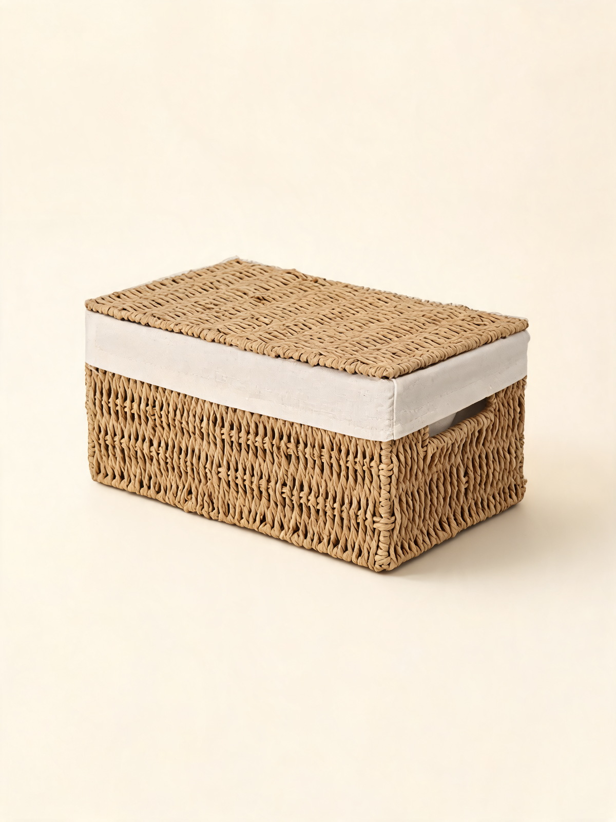 Woven Storage Basket with fabric lined lid and natural woven exterior