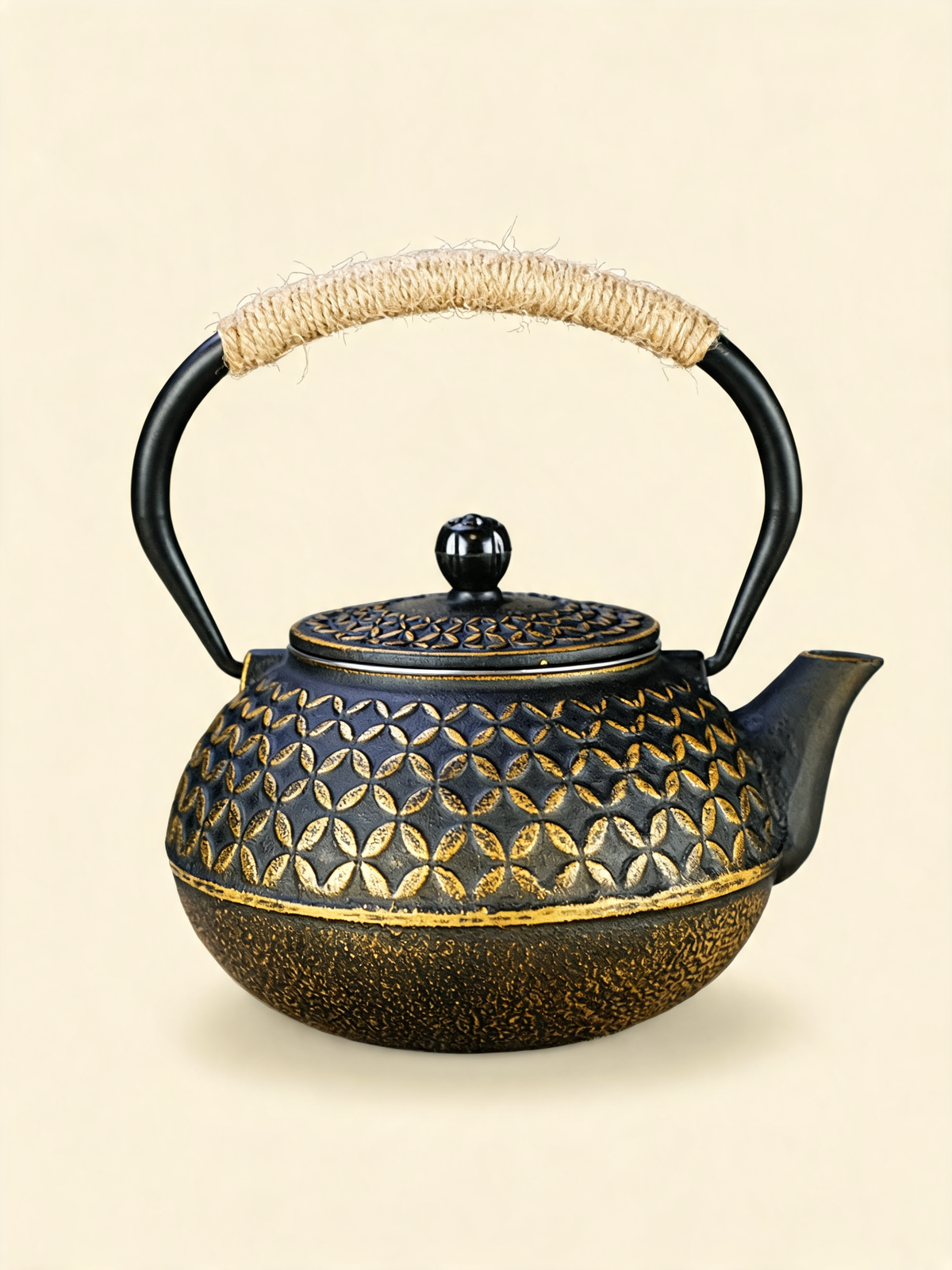 Yotsuba cast iron teapot with golden four-leaf clover motif